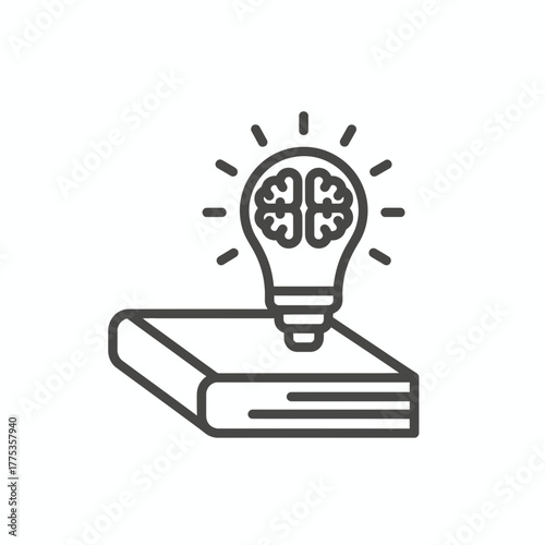 Conceptual icon of a light bulb with a brain inside, symbolizing knowledge and ideas, resting on a book