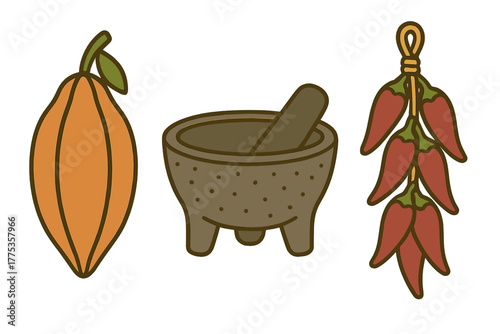 Traditional molcajete mortar and pestle with cacao pod and hanging red chili peppers