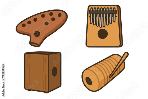 Set of traditional world musical instruments including ocarina, kalimba, cajon, and guiro