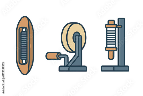 Traditional textile production tools set featuring weaving shuttle, yarn winder, and spool holder