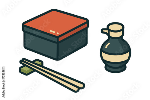 Traditional Japanese bento box lunch set with soy sauce dispenser and chopsticks