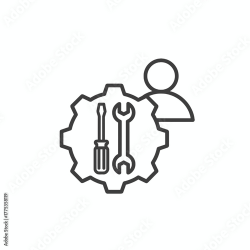Service Man Icon Gear, Tools, and Person Outline Illustration