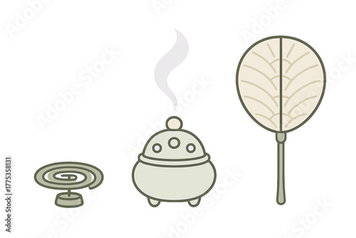 Traditional Japanese summer items set: spiral mosquito coil, smoking incense burner, and round hand fan