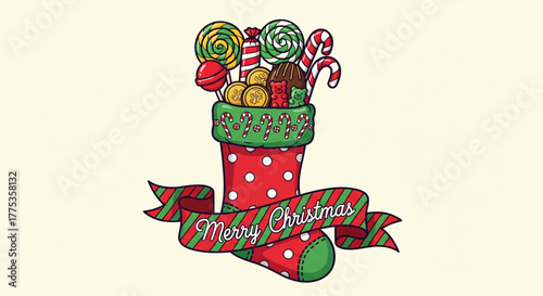 Vibrant Christmas stocking overflowing with a delightful assortment of traditional candies and festive treats, perfect for holiday celebrations and season's greetings