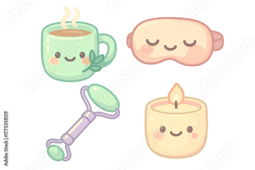 Cute set of self-care items including a hot drink mug, sleeping mask, jade roller, and scented candle