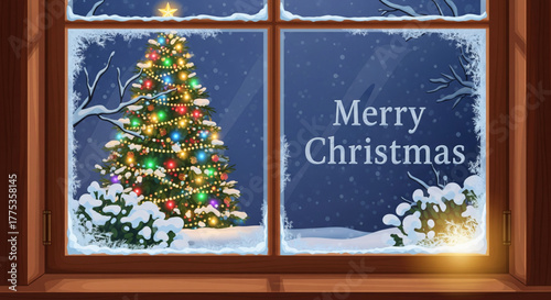 Frosted window view of a beautiful Christmas tree, sparkling with colorful lights against a serene snowy backdrop, creating a magical, cozy winter holiday scene