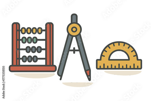 Abacus, drawing compass, and protractor set representing geometry and arithmetic education