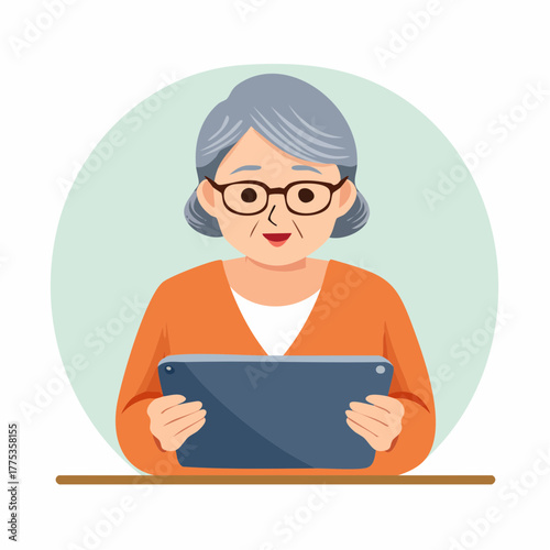 高齢者がタブレットでニュースを見るベクターイラスト
