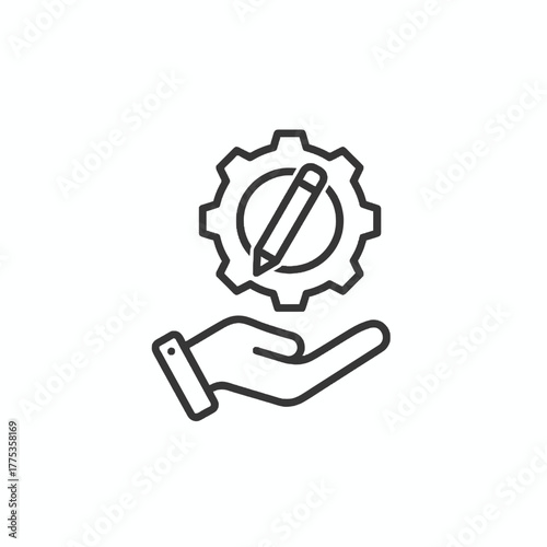 Hand holding a gear with a pencil inside, representing a creative process icon