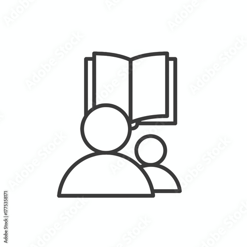 Education icon representing two people one taller than the other with an open book above them, signifying learning and knowledge sharing