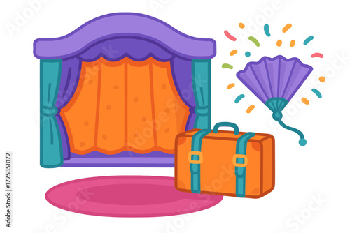 Brightly colored theater stage backdrop with travel luggage and a sparkling hand fan