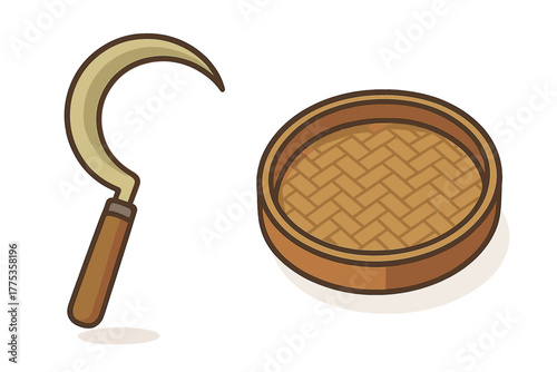 Agricultural sickle tool with wooden handle next to a round woven bamboo winnowing tray