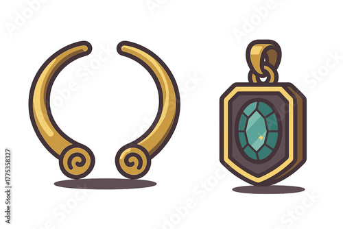 Golden fantasy collar and magical pendant with a faceted green jewel for game design