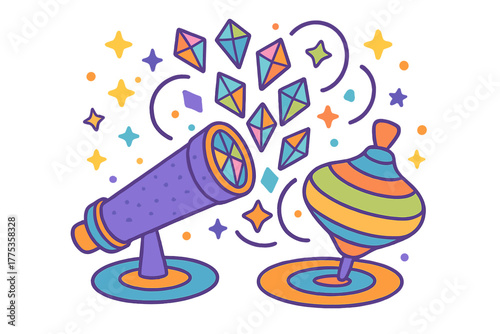 Vibrant telescope and spinning top with floating geometric diamonds and stars