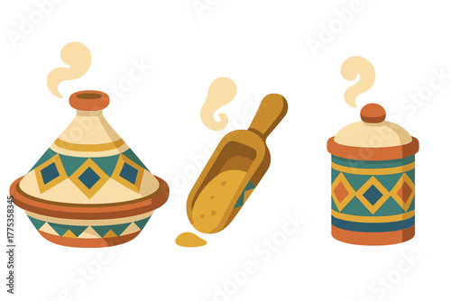 Moroccan tagine pot, wooden spice scoop, and decorative ceramic jar set with steam