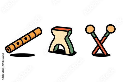 Stylized icon set of traditional musical instruments: wooden flute, stool, and crossed mallets