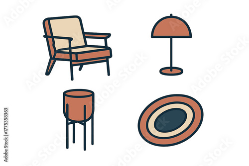 Mid-century modern furniture and home decor set featuring armchair, floor lamp, planter, and rug