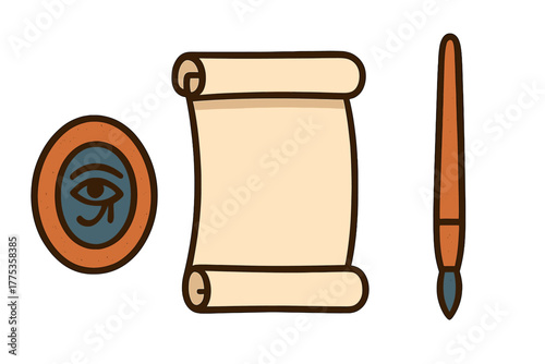 Ancient Egyptian writing tools set with blank papyrus scroll and Eye of Horus symbol