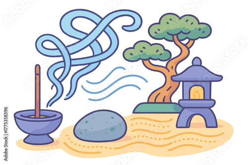 Japanese Zen garden with burning incense, stylized bonsai, and traditional stone lantern