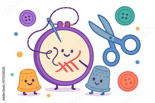 Cute cartoon sewing tools set with embroidery hoop, scissors, thimbles, and colorful buttons