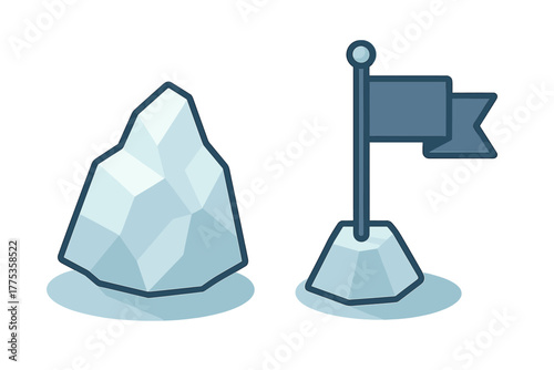 Geometric design showing a large iceberg and a flag planted on a snowy mountain peak