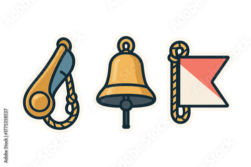 Boatswain whistle, ship bell, and nautical pennant flag maritime signaling objects set