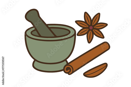 Traditional mortar and pestle set with aromatic star anise and cinnamon stick