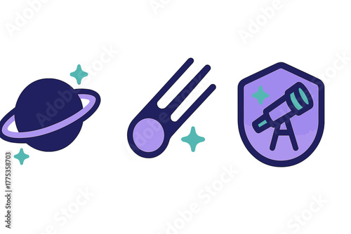 Space exploration icons set with Saturn planet, shooting comet, and astronomical telescope on a shield