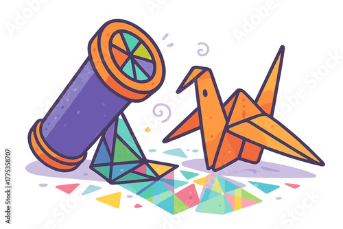 Brightly colored kaleidoscope tube next to an orange origami crane and geometric patterns