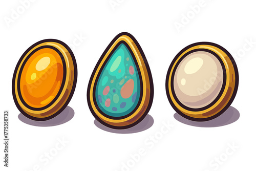 Three stylized precious stones in gold frames for game interface design elements