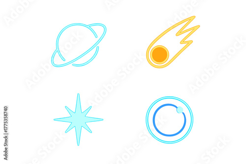 Glowing neon space icons set featuring a ringed planet, shooting comet, bright star, and orbiting celestial body