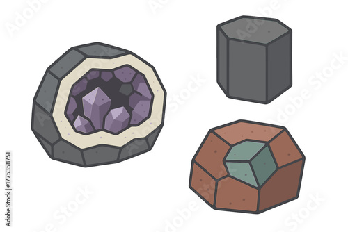 Stylized collection of mineral rocks including a geode with purple crystals and geometric stones