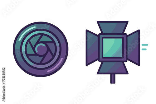 Gradient icons of camera lens aperture mechanism and professional studio light equipment