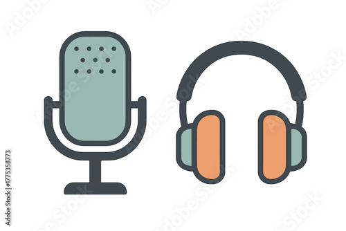 Retro style microphone and headphones for audio recording and podcasting