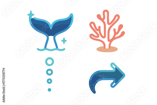Stylized ocean life and directional symbols set featuring whale tail and coral reef element