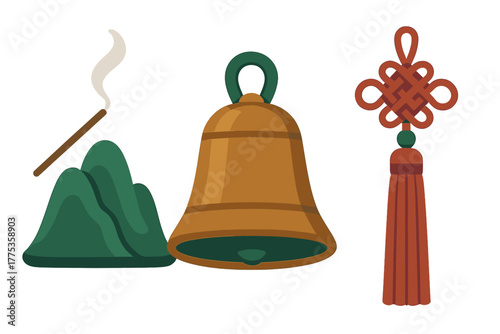 Traditional bronze bell, burning incense stick, stylized mountains, and decorative knot tassel