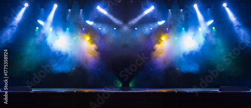 scene, stage light with colored spotlights and smoke