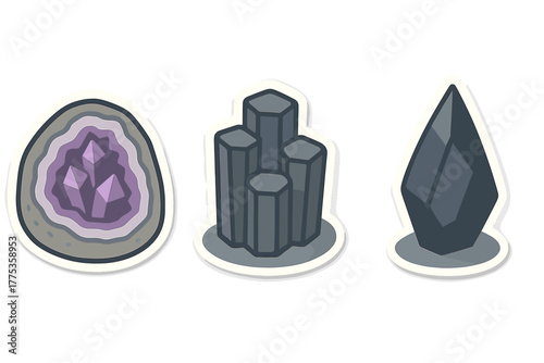 Set of three stylized mineral and crystal geological formation stickers