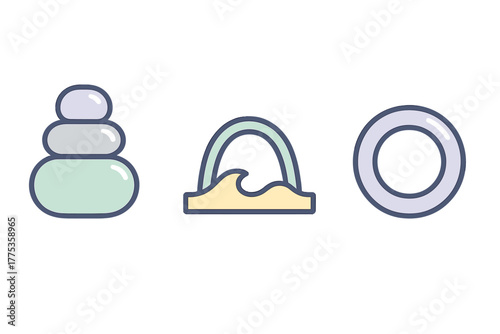 Stacked spa stones, ocean wave on the sand, and inflatable life ring symbols for summer travel