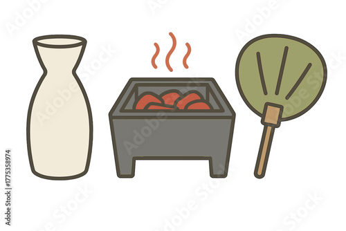 Japanese sake bottle, shichirin charcoal grill, and uchiwa fan set