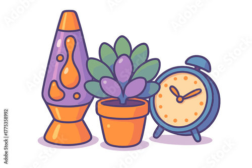 Purple lava lamp, green succulent plant, and blue alarm clock on a retro desk