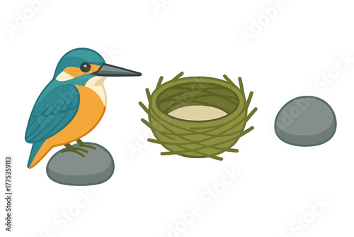 Colorful common kingfisher bird perched on a gray stone beside a woven nest
