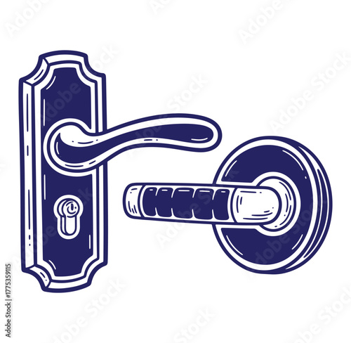 Stylized illustrated door handle with lock and keyhole in a decorative vector design