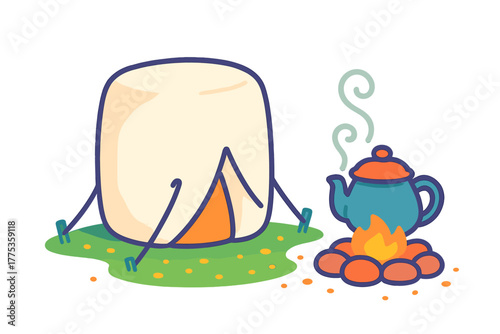 Cozy camping setup featuring a small tent pitched next to a warm campfire and a steaming teapot
