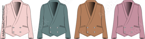 Stylish collection of women's double-breasted blazers in various vibrant colors, showcasing modern fashion apparel design and trendy seasonal outerwear for a chic look