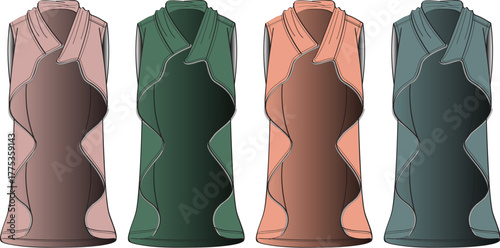 Collection of stylish sleeveless women's tops featuring a unique wavy layered design, presented in various earthy color palettes, ideal for fashion concepts and apparel illustrations
