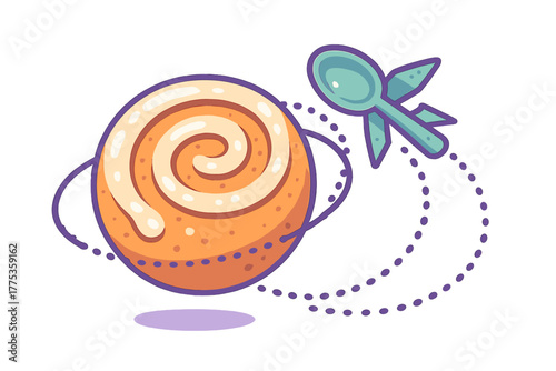 Sweet cinnamon swirl bun planet with icing glaze orbited by a turquoise spoon rocket