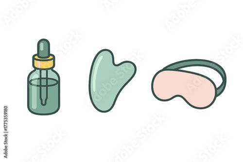 Skincare routine essentials set with dropper bottle, facial massage tool, and sleep mask