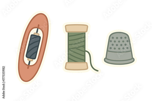 Essential sewing kit elements featuring a bobbin spool of thread and metal thimble