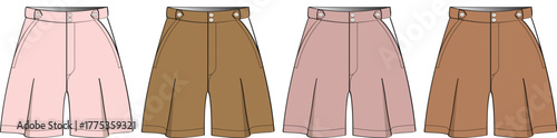 A set of four illustrated skirts in shades of pink and brown, showcasing their pleated design and waistband details